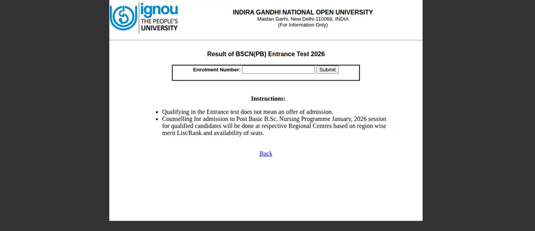 IGNOU official portal: Result of BSCN(PB) Entrance Test 2026