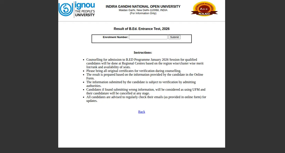 IGNOU official portal: Result of B.Ed. Entrance Test 2026