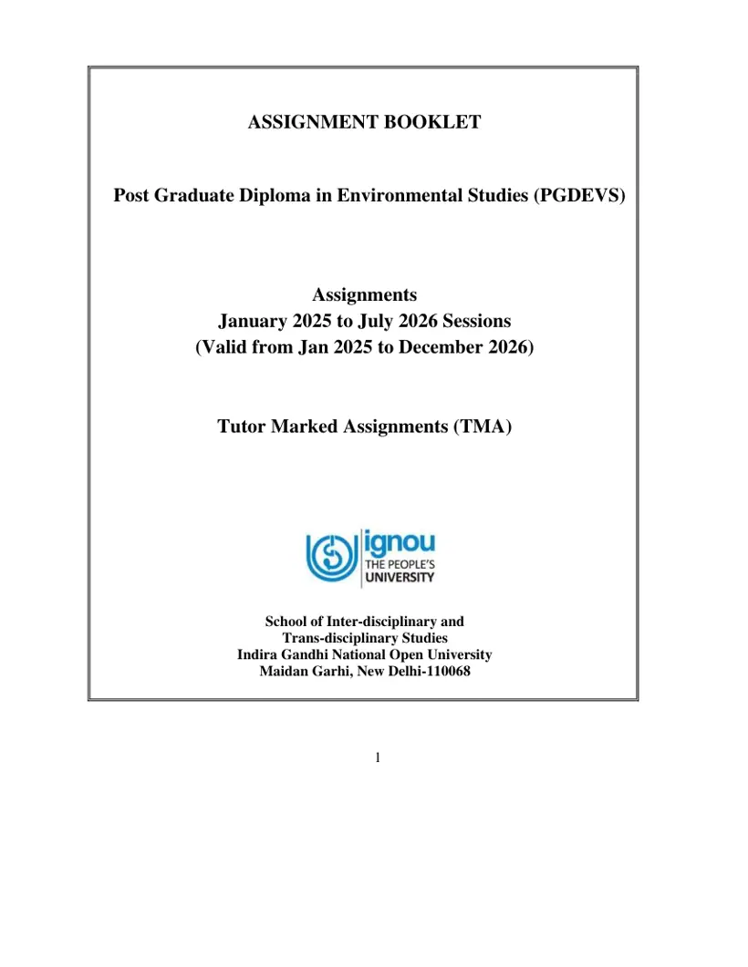 First page of the official IGNOU document: IGNOU PGDEVS Assignment Booklet January 2025 to July 2026