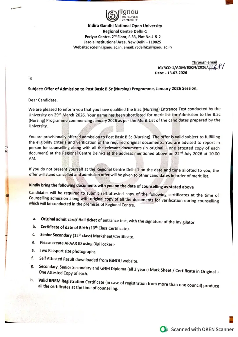 First page of the official IGNOU document: IGNOU Post Basic B.Sc Nursing Admission Offer Letter 2026