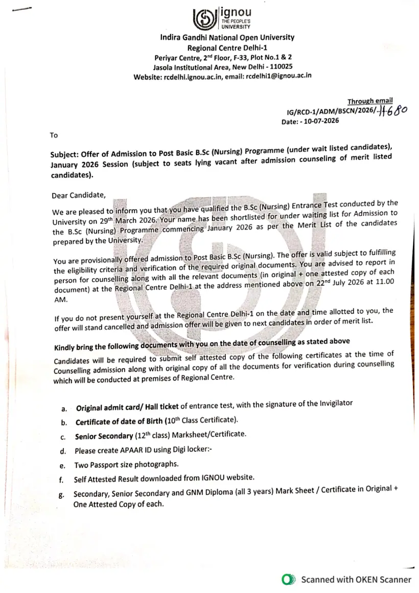 First page of the official IGNOU document: IGNOU Post Basic B.Sc Nursing Waiting List Offer Letter 2026