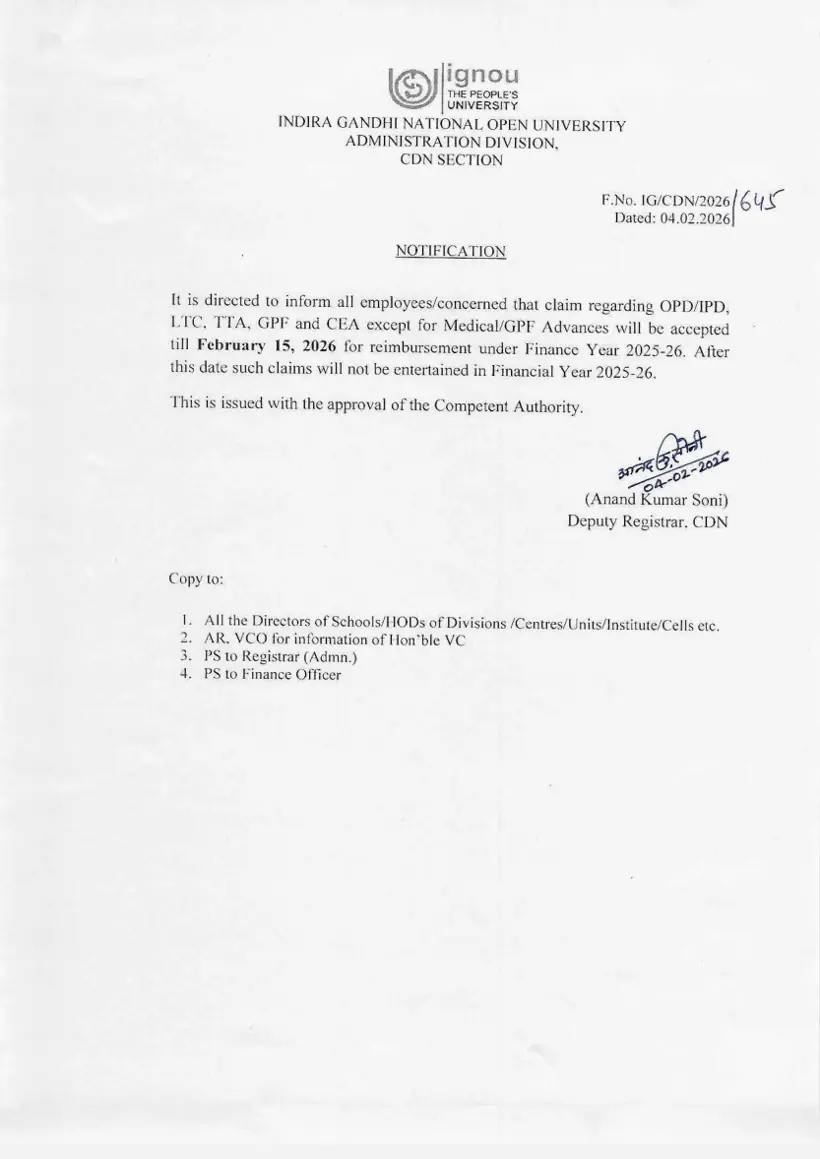 First page of the official IGNOU document: IGNOU Staff Reimbursement Claims Submission Deadline Notice 2026