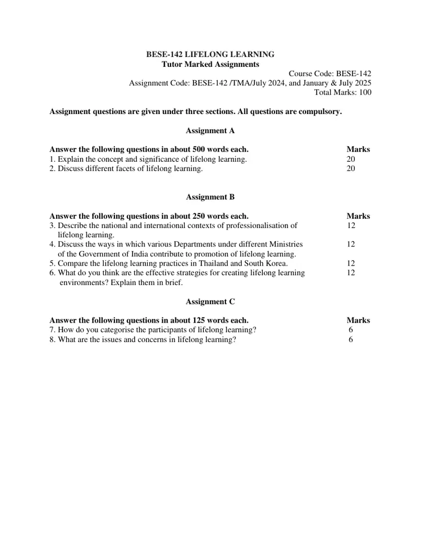 First page of the official IGNOU document: IGNOU BESE 142 Lifelong Learning Assignment July 2024 January 2025