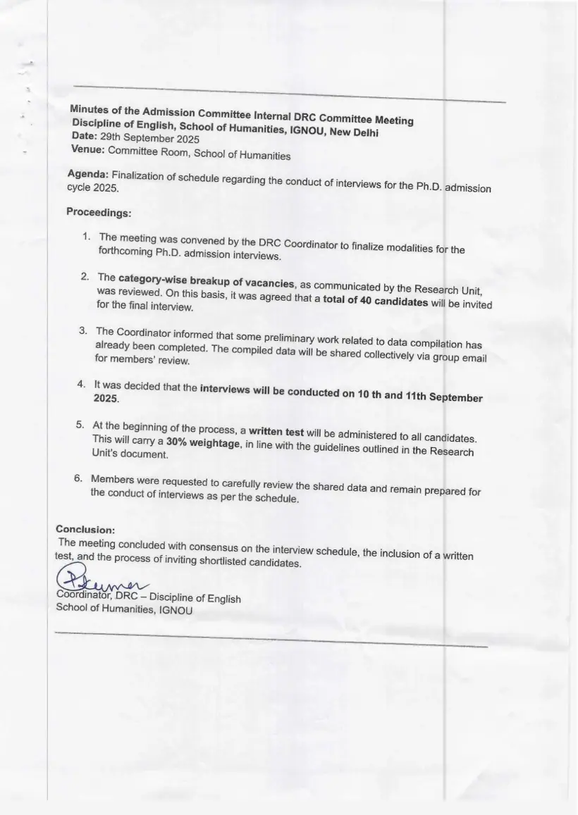 First page of the official IGNOU document: IGNOU PhD English Admission Committee Meeting Minutes 2025