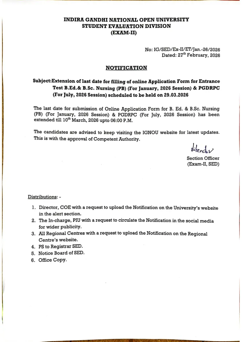 First page of the official IGNOU document: IGNOU Entrance Test Online Application Extension Notification 2026
